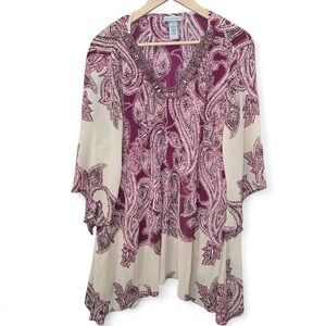 Catherines Top Womens Plus 1X 18/20W Cream Paisley Flowy Tunic Sheer Blouse